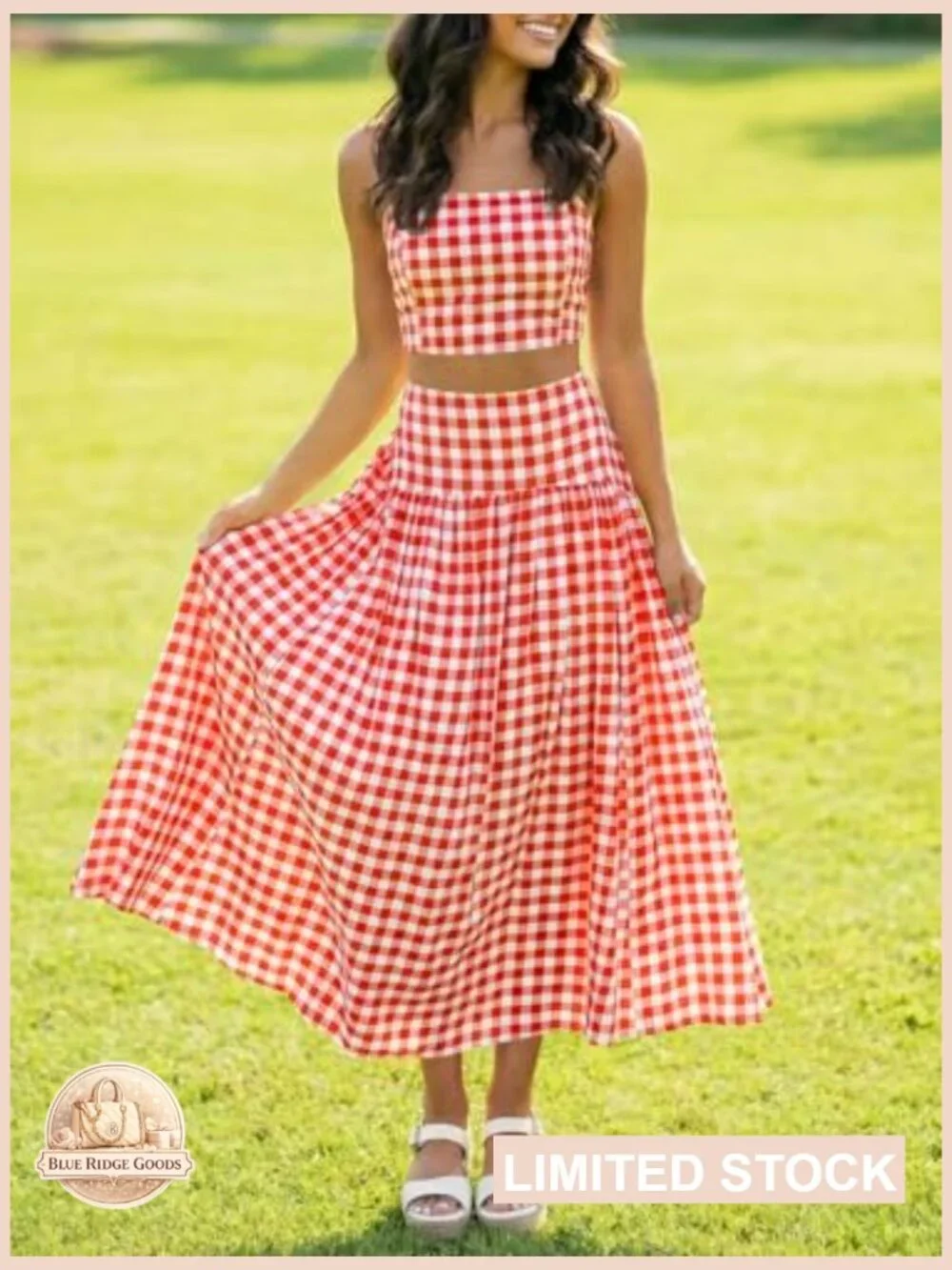 Gingham Crop Tank Midi Skirt Set Vacation Travel Outfits Matching Co Ord